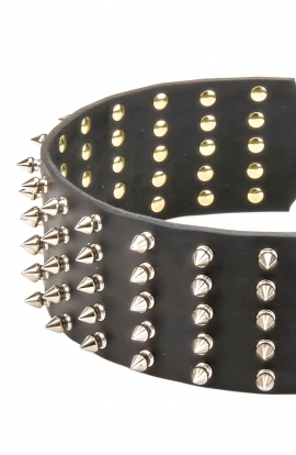 Wide Spiked Leather Dog Collar with 5 Rows of Spikes