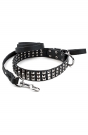 Leather Dog Collar Decorated with Pyramids and Braided Leash with Stainless Steel Snap-hook