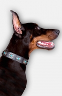 Leather Doberman Collar with Silver Plated Circles and Blue Stones