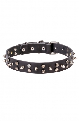 3 Rows Leather Dog Collar "Silver Star" with Nickel Spikes