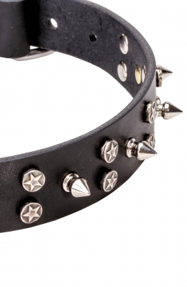 3 Rows Leather Dog Collar "Silver Star" with Nickel Spikes