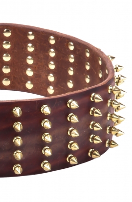3 inch Extra Wide Leather German Shepherd Collar with Gold-like Spikes