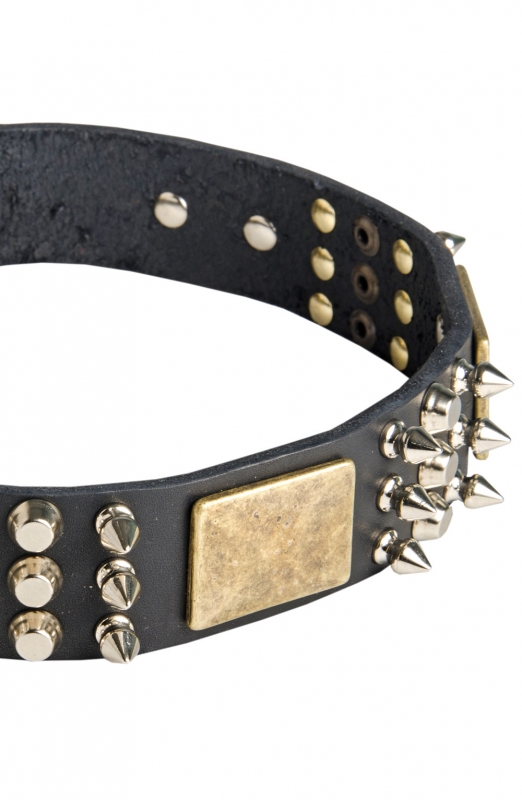 Spiked Leather American Bulldog Collar with Plates Dog