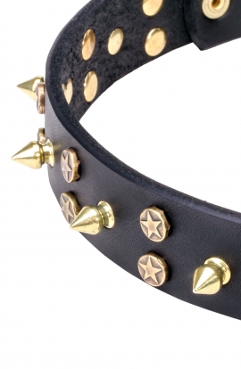 Spiked Leather Dog Collar with 3 Rows of Brass Spikes