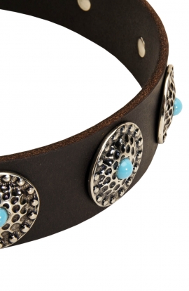 Cool Leather Dog Collar with Silver Plated Circles and Blue Stones