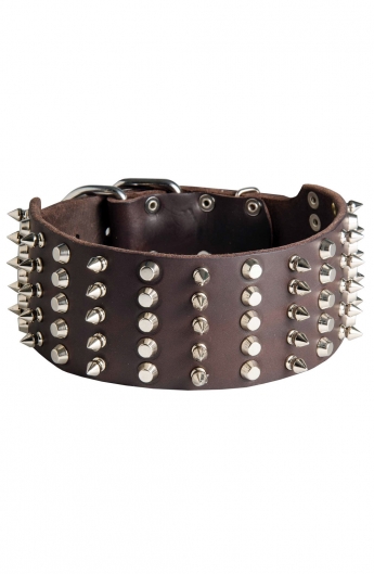 Super Leather Dog Collar with 5 Rows of Spikes and Pyramids