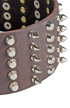 Super Leather Dog Collar with 5 Rows of Spikes and Pyramids