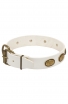 White Leather Female Dog Collar with Vintage Plates