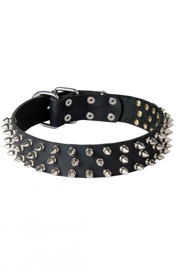 Wide Leather Spiked Dog Collar with 3 Rows of Spikes