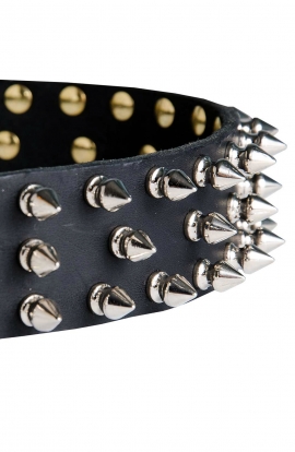 Wide Leather Spiked Dog Collar with 3 Rows of Spikes