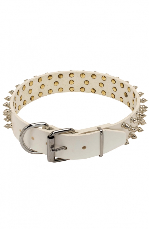 White Leather Spiked Dog Collar with 3 Rows of Spikes Old Mill Store