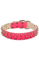 Pink Leather Spiked Girl Dog Collar with 3 Rows of Spikes