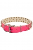 Pink Leather Spiked Girl Dog Collar with 3 Rows of Spikes