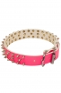 Pink Leather Spiked Girl Dog Collar with 3 Rows of Spikes