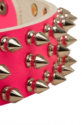 Pink Leather Spiked Girl Dog Collar with 3 Rows of Spikes