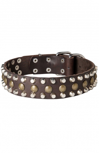 Leather Dog Collar with 3 Rows Pyramids and Studs