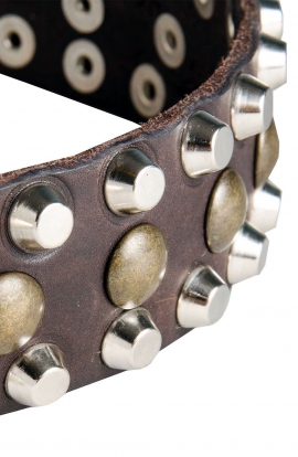 Leather Dog Collar with 3 Rows Pyramids and Studs