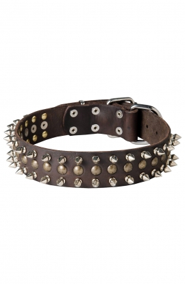 War Leather Dog Collar with 2 Rows Spikes+1 Row Old Brass Studs