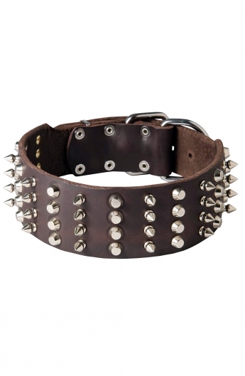 Extra Wide Spiked Leather Dog Collar with Spikes and Half Pyramids