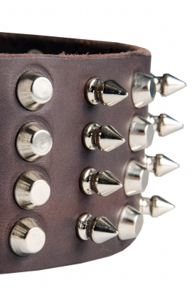 Extra Wide Spiked Leather Dog Collar with Spikes and Half Pyramids