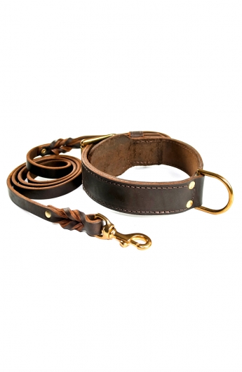 Set of 2ply Handcrafted 1 3/4 inch Dog Collar and 6 ft Leash of Leather