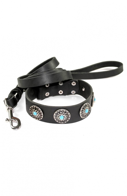 Get Leather Dog Collar, Blue Decorative Stones