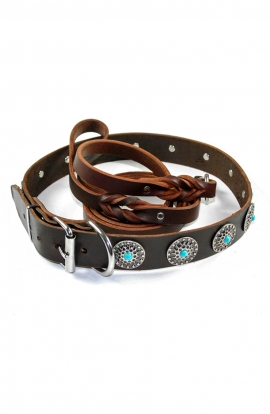 Set of Collar with Blue Stones and Braided Leather Leash with Stainless Steel Snap-hook