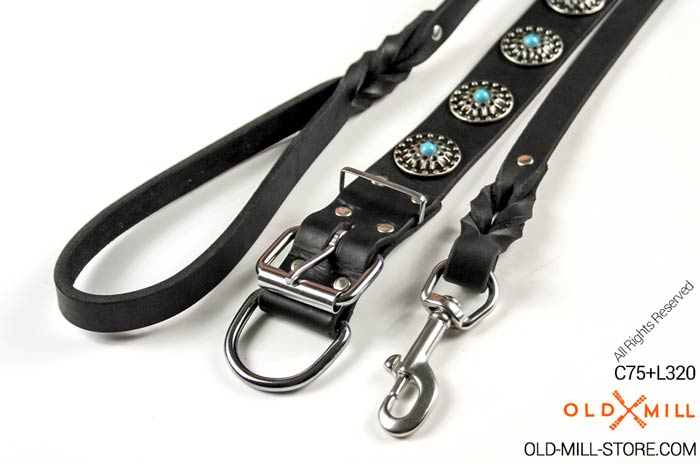 Stylish Black Leather Collar Adorned with Blue Stones and 6ft Braided Leather Leash with Stainless Steel Snap-hook in One Set